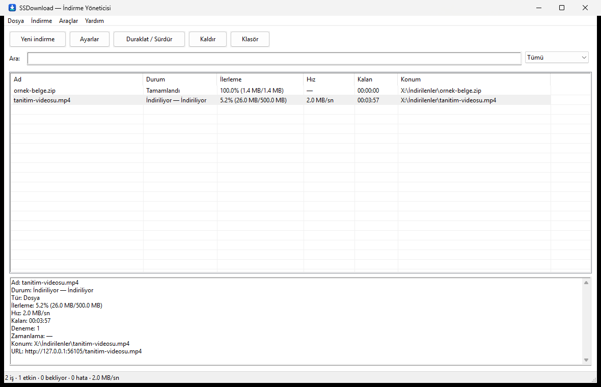 SSDownload indirme listesi ve kuyruk