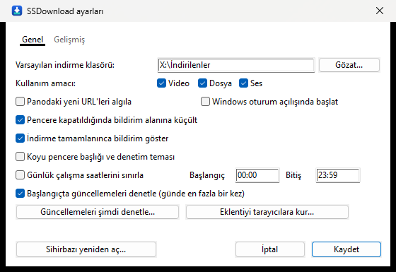Ayarlar penceresinin Genel sekmesi
